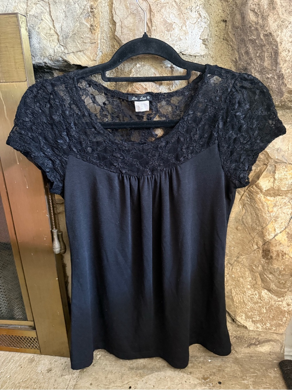 Black Lace Yoke Short Sleeve Top